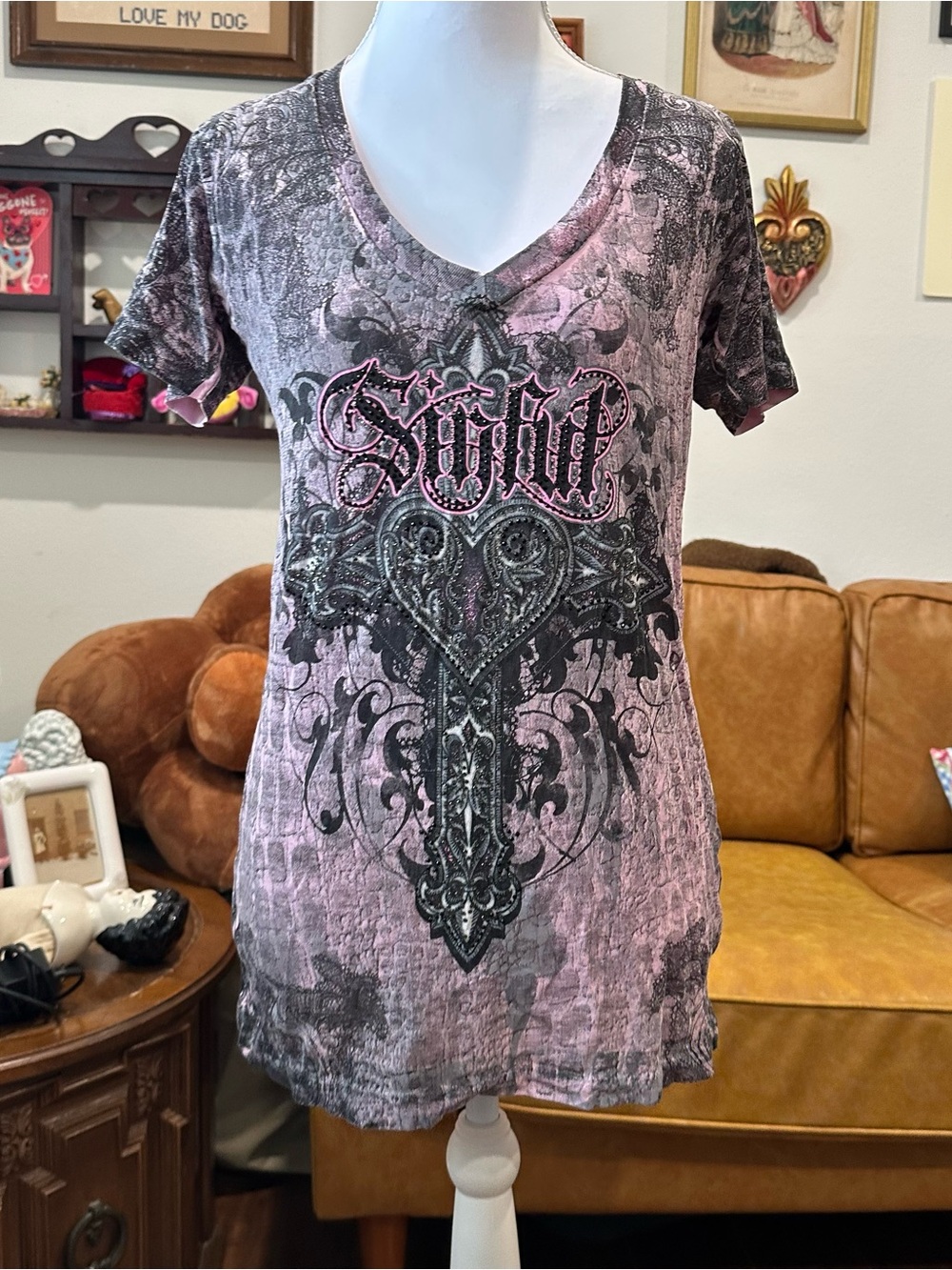 Y2K Affliction bedazzled Graphic V-Neck Women's Top